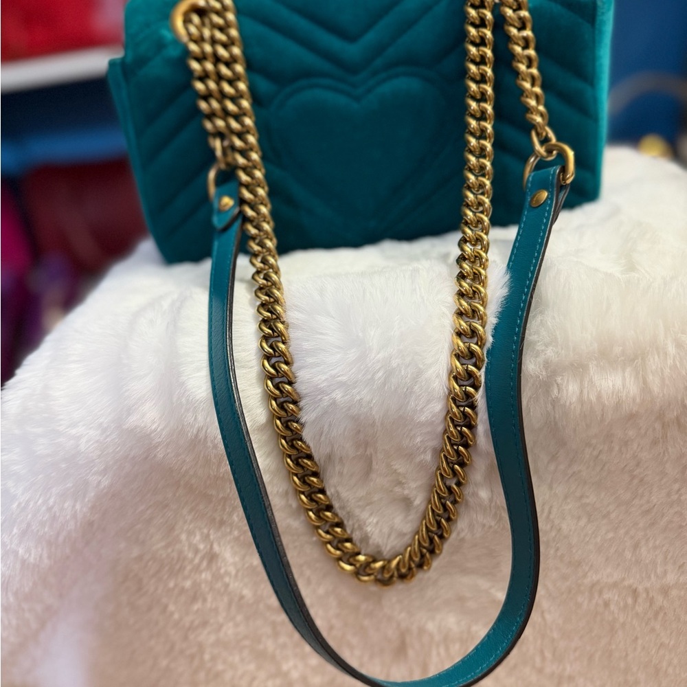 GG Marmont Teal Velvet Crystal Embellished Limited Edition Shoulder/Crossbody - Picture 10 of 16